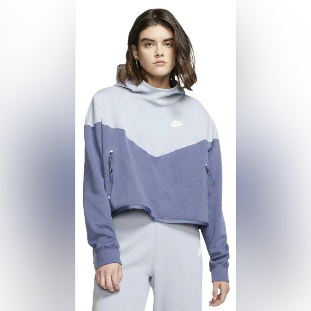 Nike Sportswear Tech Fleece Women Pullover Crop Hoodie Blue Size Large